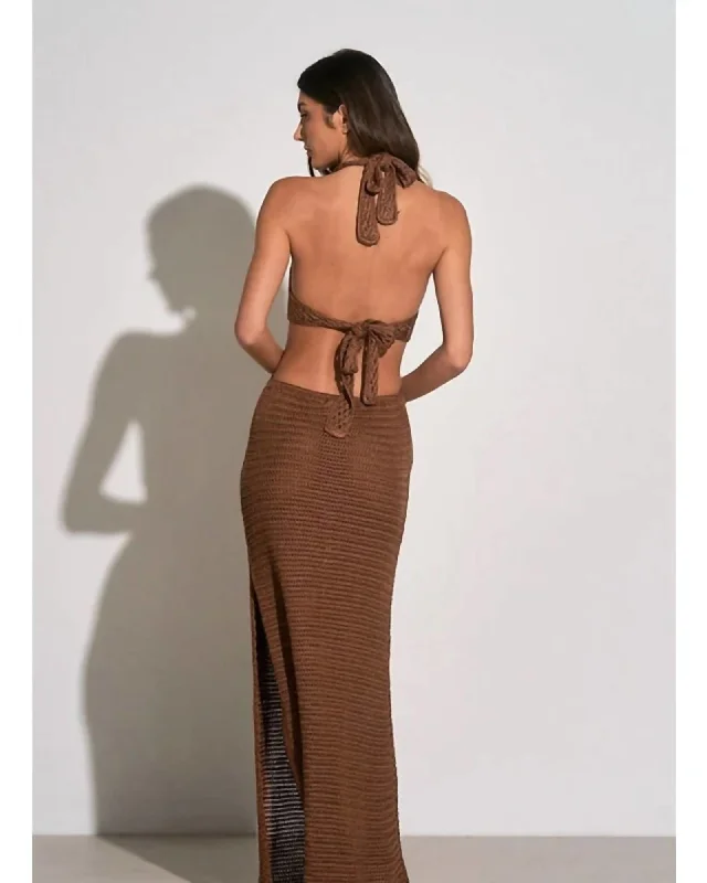 Ladies maxi dress shirred -Crochet Maxi Halter Cut Out Dress In Brown | Brown