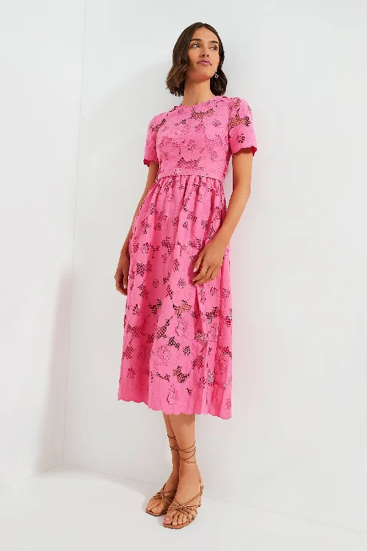 Women's midi dress denim -Pink Cotton Lace Midi Dress