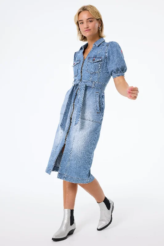 Women's midi dress western -Authentic Indigo Western Denim Midi Dress