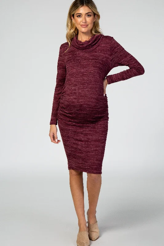 Women's maternity dress knee length -Burgundy Knit Long Sleeve Cowl Neck Maternity Dress