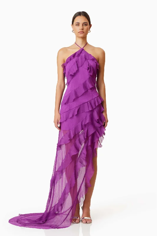 Ladies maxi dress peach -Mia Halterneck Maxi Gown - Purple