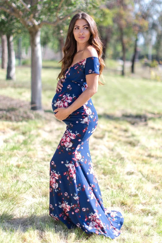 Women's maternity dress pocket -Navy Floral Off Shoulder Wrap Maternity Photoshoot Gown/Dress