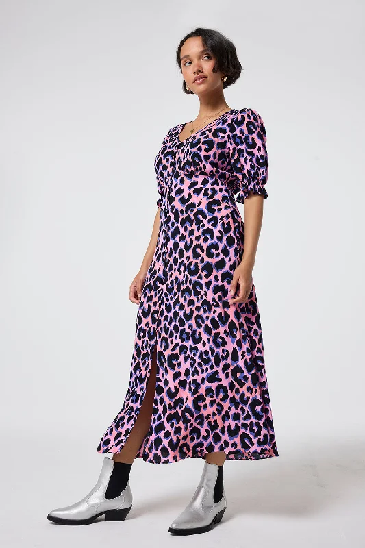 Women's midi dress high low -Pink with Blue and Black Shadow Leopard Flute Sleeve Midi Tea Dress