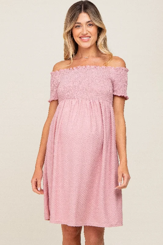 Women's maternity dress scalloped -Mauve Swiss Dot Off Shoulder Maternity Dress