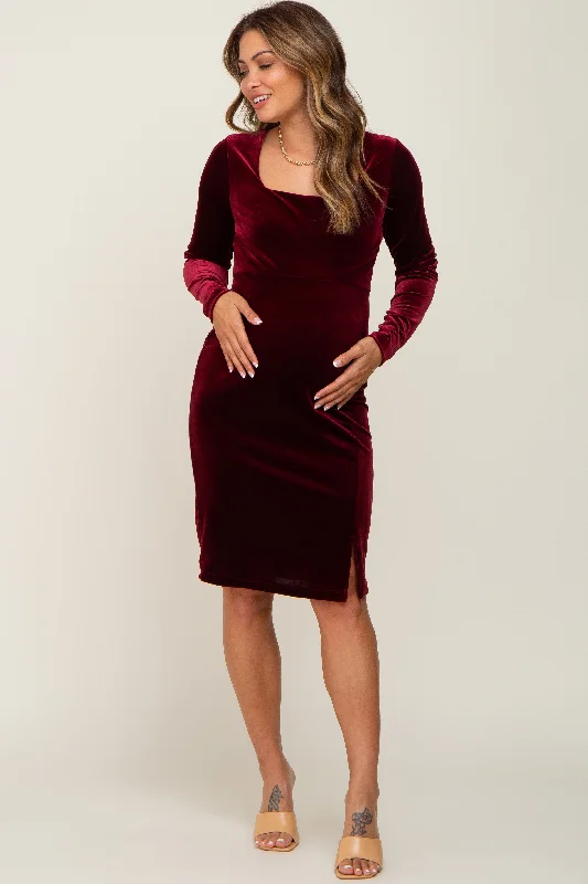 Women's maternity dress pastel -Burgundy Velvet Long Sleeve Side Slit Maternity Dress