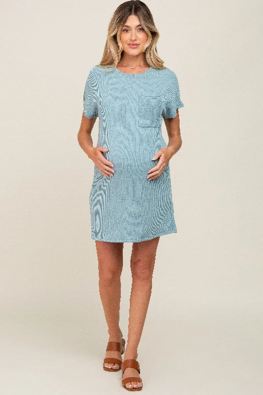 Women's maternity dress animal print -Mint Green Ribbed Front Pocket Dolman Short Sleeve Maternity Dress