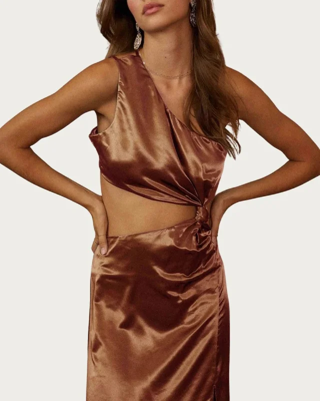 Women's midi dress warm -One-Shoulder Satin Cutout Midi Dress In Bronze | Bronze