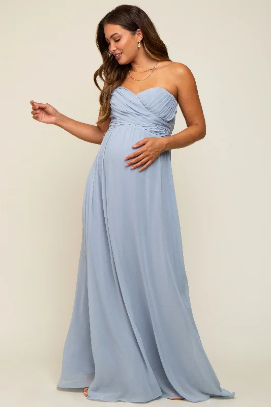 Women's maternity dress tie front -Light Blue Sweetheart Convertible Chiffon Maternity Gown