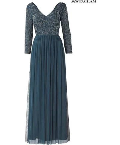 Ladies maxi dress crisscross -Dark Teal Beaded Longsleeve Maxi Dress