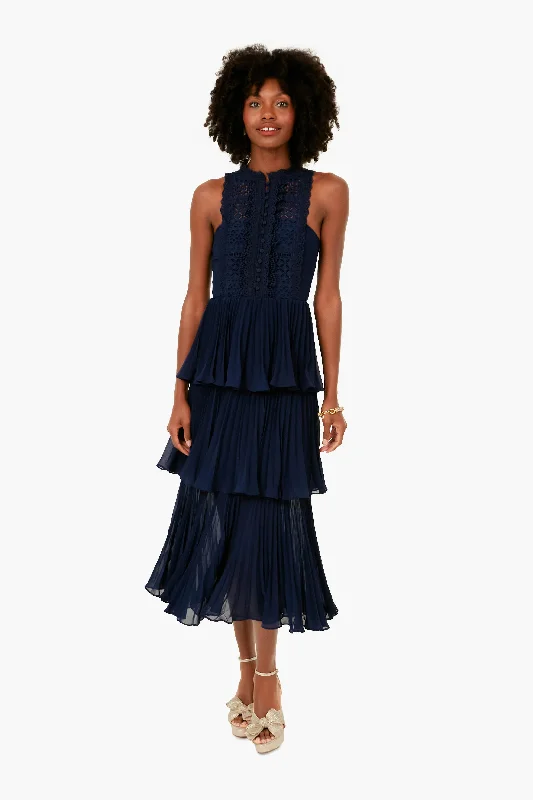 Women's midi dress subtle print -Navy Cotton Broderie Tiered Midi Dress