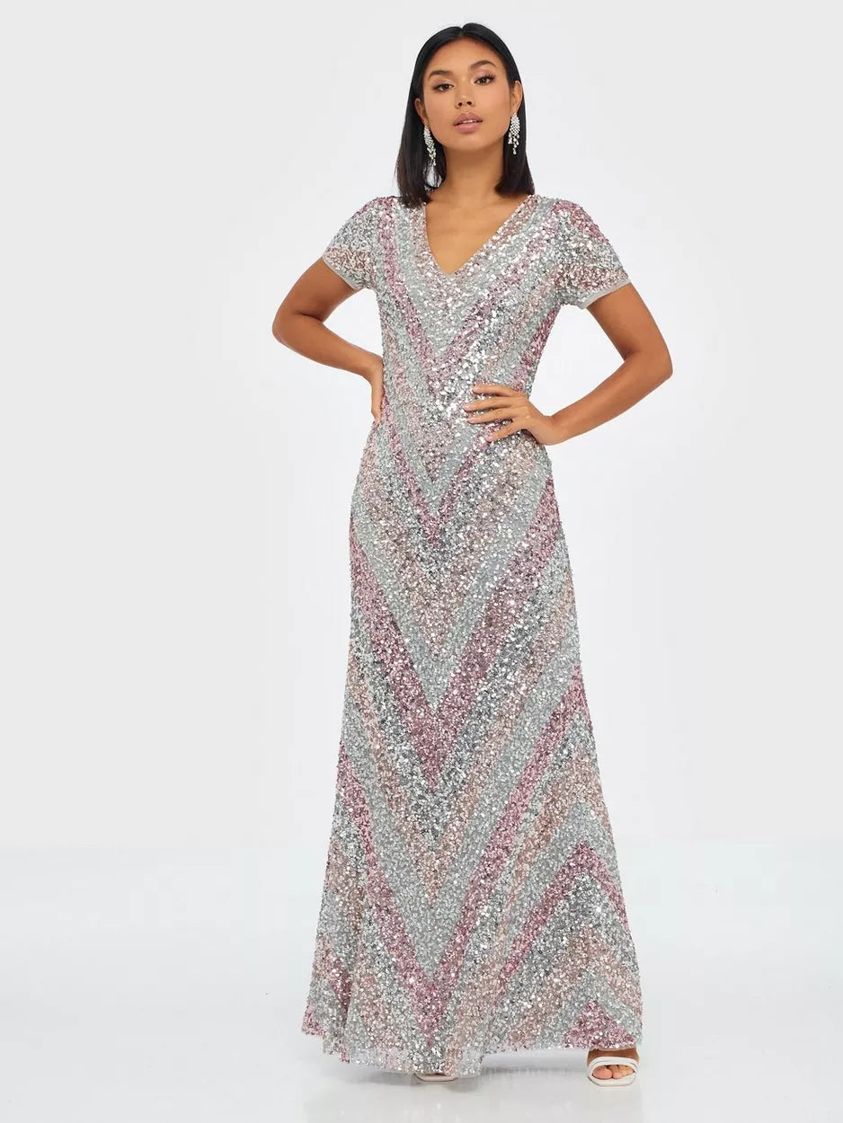 Ladies maxi dress relaxed -All Over Embellished Chevron Maxi Dress