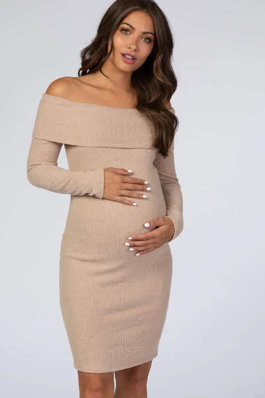 Women's maternity dress business casual -Mocha Soft Ribbed Folded Neck Off Shoulder Maternity Dress