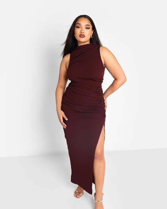 Ladies maxi dress purple -Rebdolls Women's Hazel Ruched Maxi Bodycon Dress | Purple