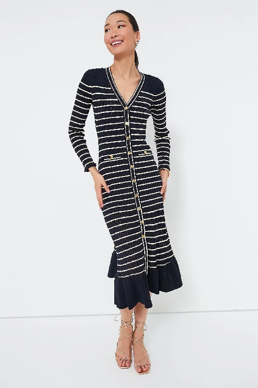 Women's midi dress backless -Navy Stripe Marina Midi Dress