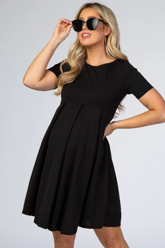 Women's maternity dress long length -Black Short Sleeve Front Pleat Maternity Dress