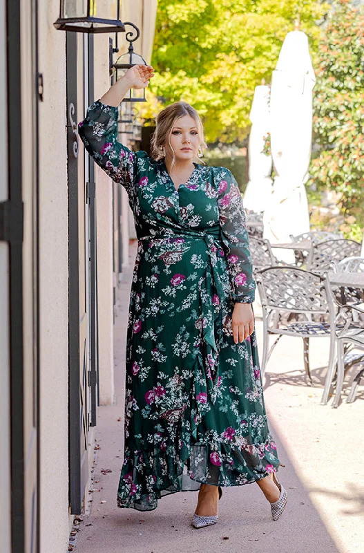 Women's maternity dress puff sleeve -Melanee Pine Floral Wrap Dress - DM Exclusive - Maternity Friendly - Nursing Friendly - Restocked