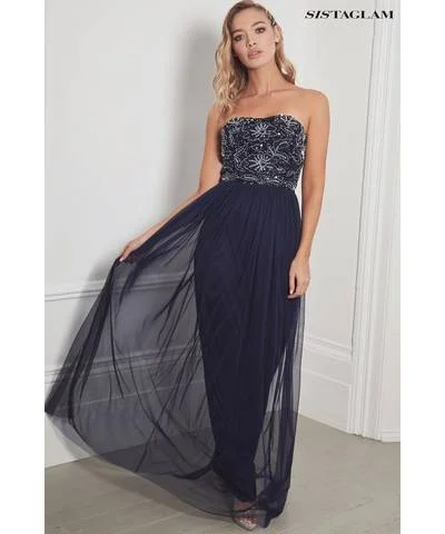 Ladies maxi dress fresh look -Bandless Navy Beaded Maxi Dress