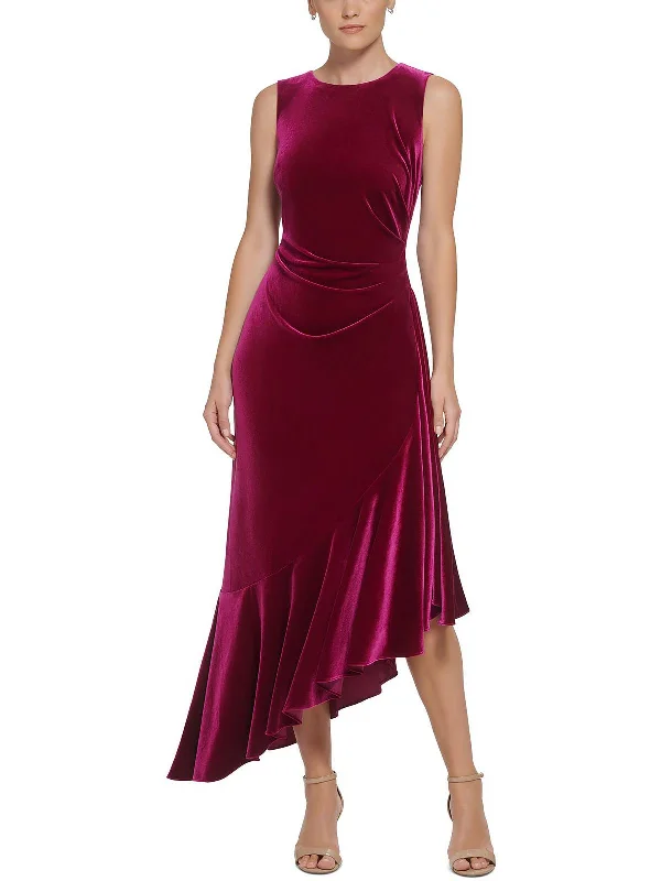 Ladies party dress bishop sleeve -Womens Velvet Long Cocktail and Party Dress