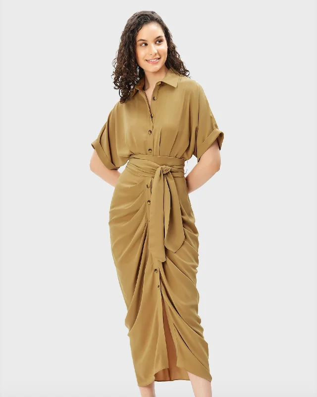 Women's shirt dress soft plaid -Soft Crepe Twill Pleated Sheath Shirtdress | Khaki