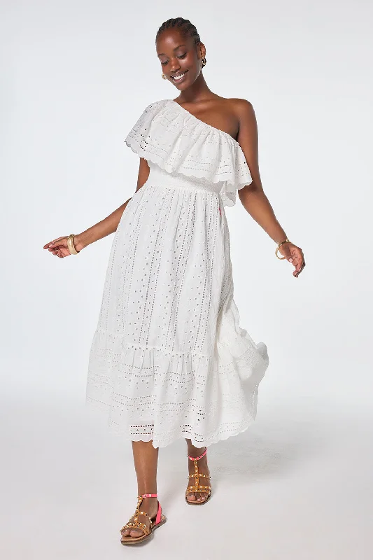 Women's midi dress subtle print -White One Shoulder Broderie Tiered Midi Dress