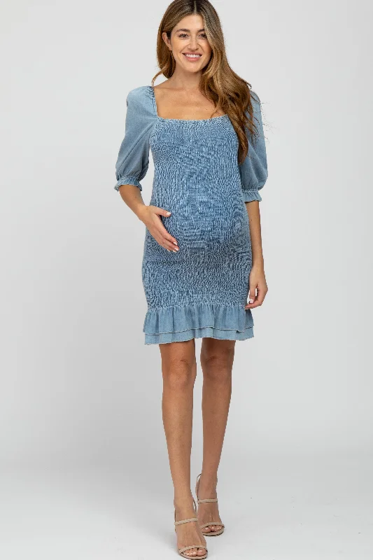 Women's maternity dress tunic -Light Blue Square Neck Smocked Denim Maternity Dress