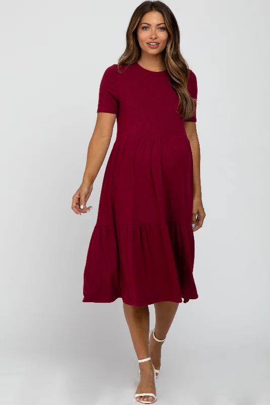 Women's maternity dress outdoor event -Burgundy Ribbed Tiered Maternity Dress