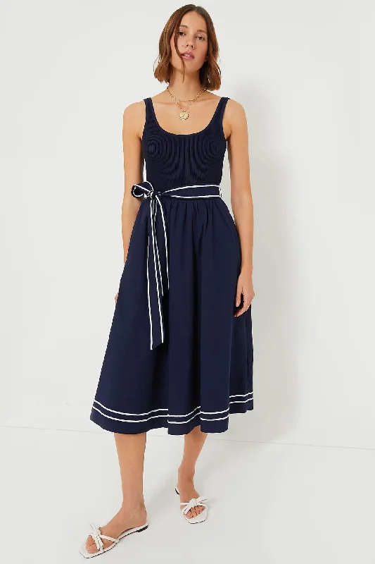 Women's midi dress red -Nautical Navy Poplin Rib Midi Dress