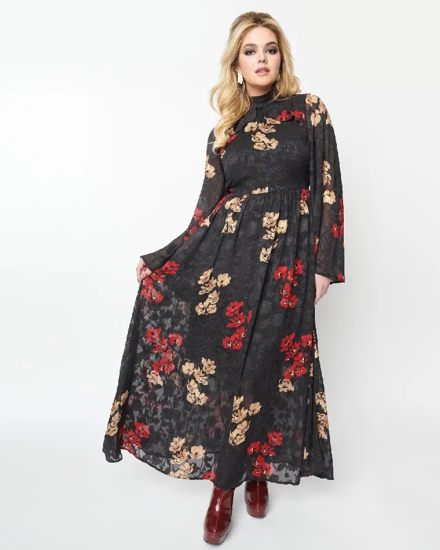 Ladies maxi dress turquoise -Unique Vintage Black Red & Gold Floral Bell Sleeve Maxi Dress | Black/Floral