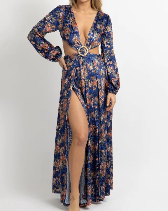 Ladies maxi dress knotted -Floral Velvet Slit Maxi Dress In Royal Blue | Royal Blue