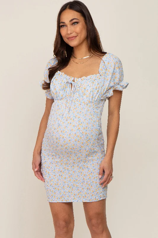 Women's maternity dress vacation -Light Blue Floral Smocked Tied Front Ruffle Short Sleeve Maternity Dress