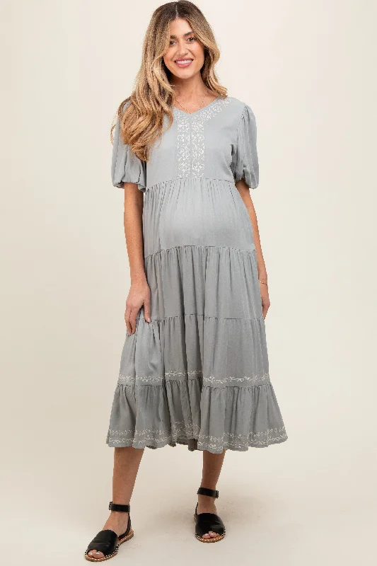 Women's maternity dress mock neck -Grey Short Sleeve Tiered Maternity Dress