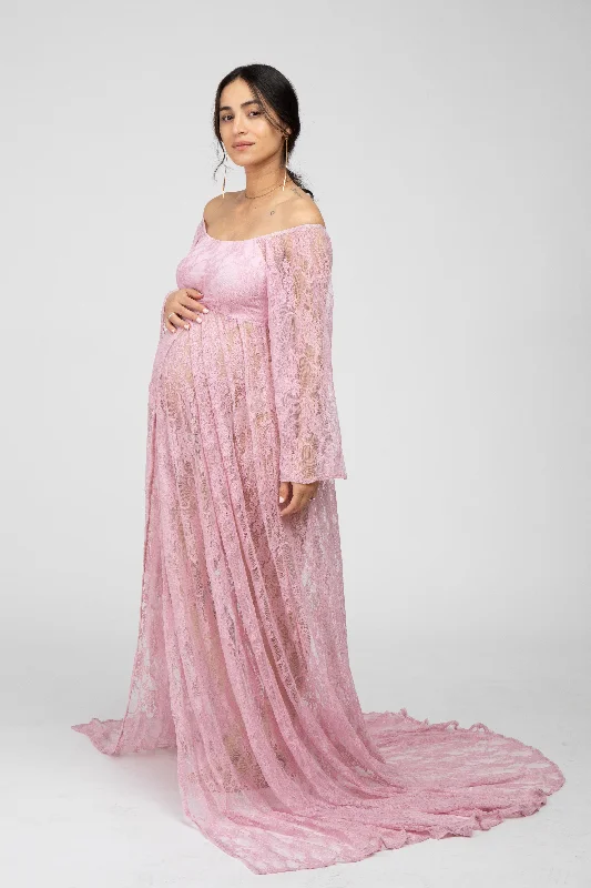 Women's maternity dress special occasion -Pink Lace Off Shoulder Maternity Photoshoot Gown/Dress