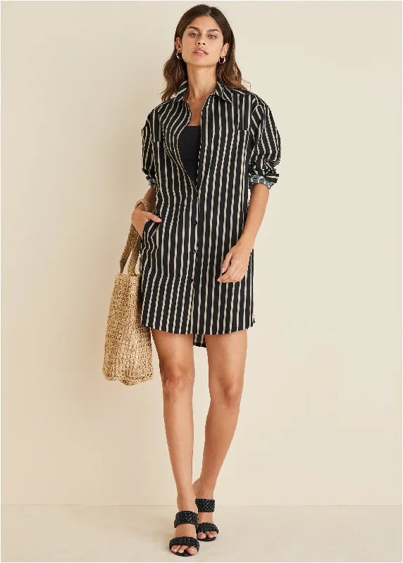 Women's shirt dress everyday comfort -Shirt Dress - Tan Black Stripe