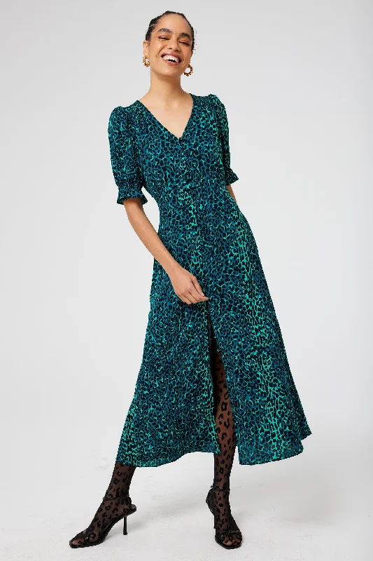 Women's midi dress edgy -Green with Black Wild Leopard Flute Sleeve Midi Tea Dress