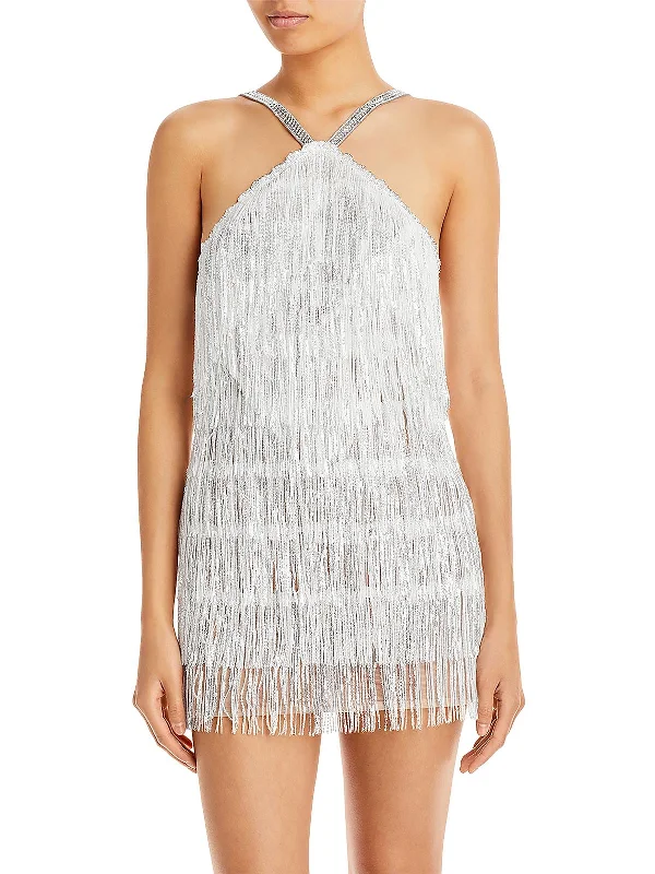 Ladies party dress side slit -Womens Sequin Fringe Cocktail and Party Dress