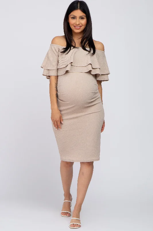 Women's maternity dress multi color -Beige Ruffle Off Shoulder Ruched Maternity Dress