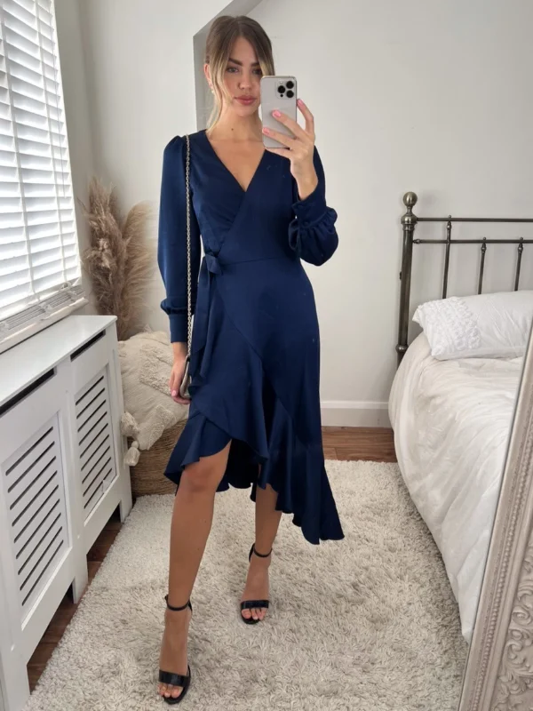 Women's midi dress brunch -Charlotte Wrap Midi Dress / Navy