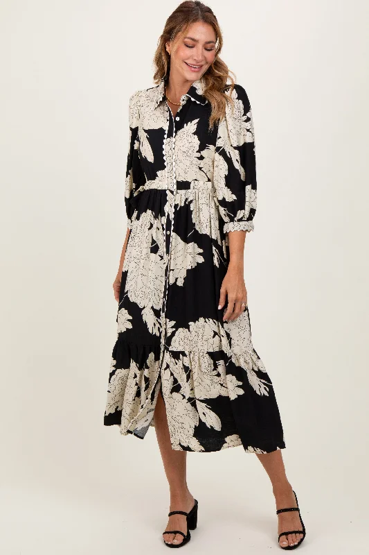 Women's shirt dress lightweight twill -Black Floral Print Cinched Tie Waist Shirt Dress