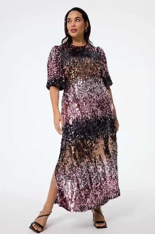 Women's midi dress cap sleeve -Pink Ombre Sequin Puff Sleeve Midi Dress