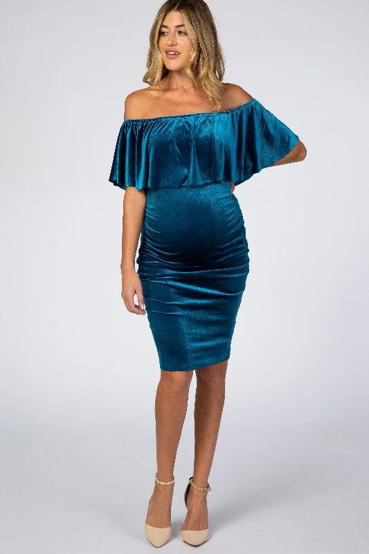 Women's maternity dress cozy knit -Teal Velvet Off Shoulder Fitted Maternity Dress