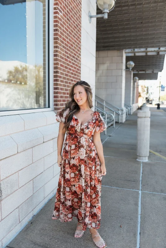 Women's midi dress zip up -Rust Floral Puff Sleeve Midi Dress