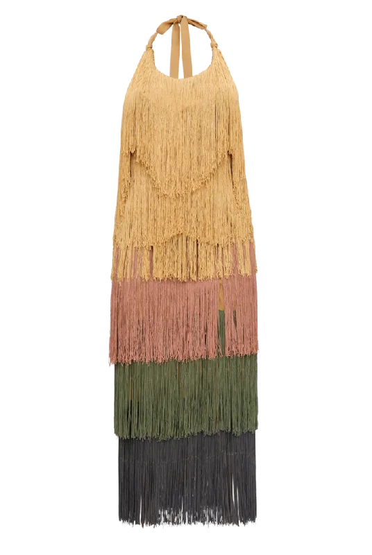 Women's midi dress earth tone -Neme Fringe Midi Dress