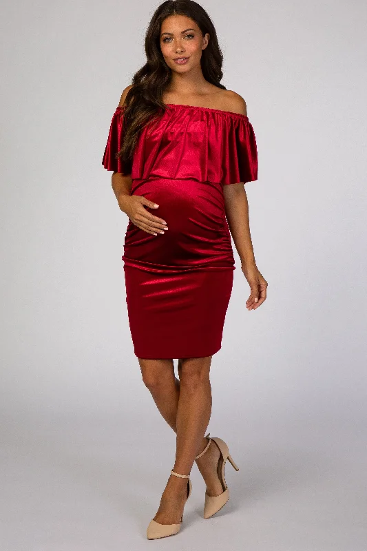 Women's maternity dress casual -Red Velvet Off Shoulder Fitted Maternity Dress