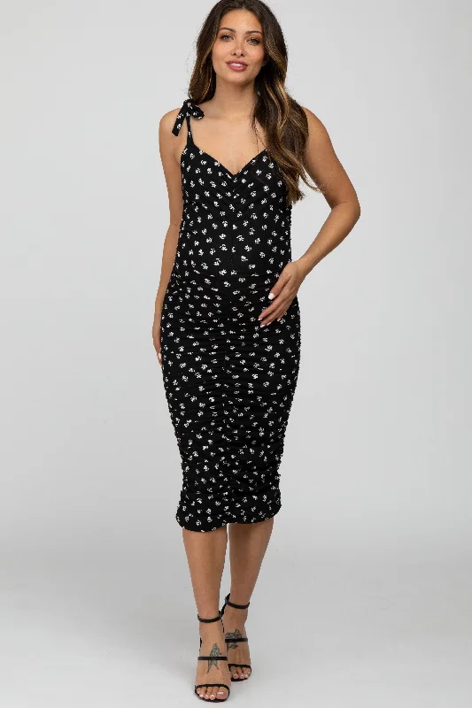 Women's maternity dress slip style -Black Floral Ribbed Ruched Shoulder Tie Maternity Dress