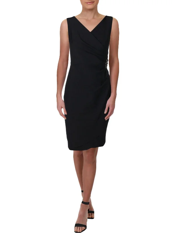 Ladies party dress pleated -Womens Embellished Faux-Wrap Cocktail And Party Dress