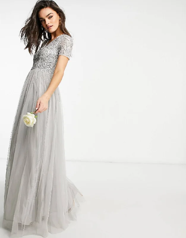 Ladies maxi dress garden party -Grey V-Neck Short Sleeve Sequin Maxi Dress