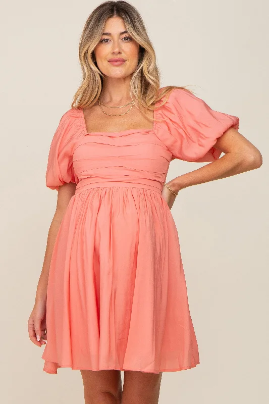 Women's maternity dress discount -Salmon Square Neck Puff Short Sleeve Maternity Dress