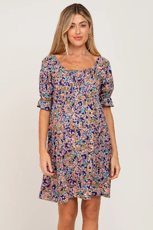 Women's maternity dress ruched belly -Navy Floral Cinched Short Sleeve Maternity Dress