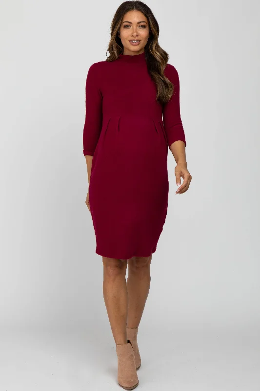 Women's maternity dress earth tone -Burgundy Brushed Mock Neck Fitted Maternity Dress