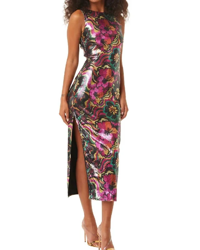 Women's midi dress matte -Nakia Sleeveless Sequin Midi Dress In Flora Groove Print | Flora Groove Print